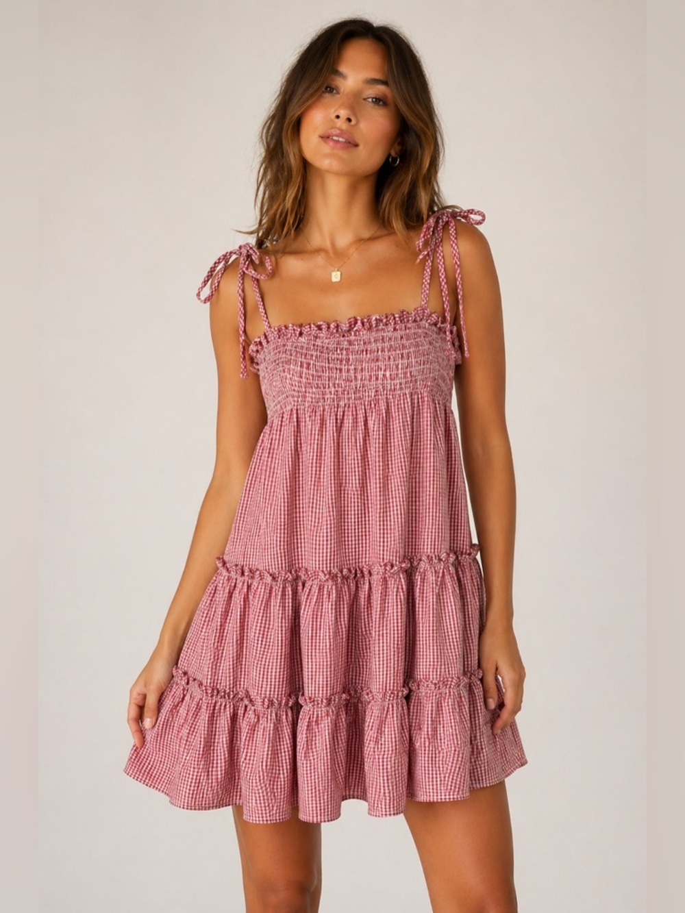 STORIA Gingham Smocked Tiered Mini Dress Cottagecore Summer S